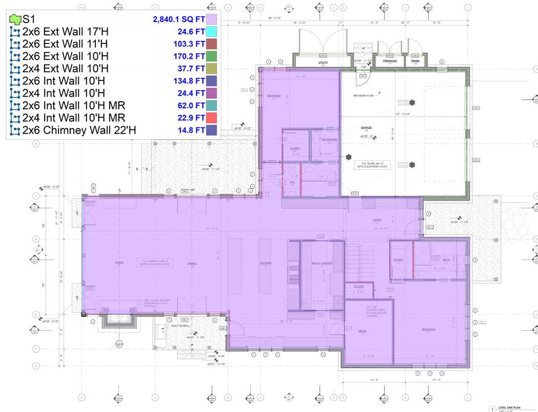 Marked-up wall framing plan, sheet A1.1