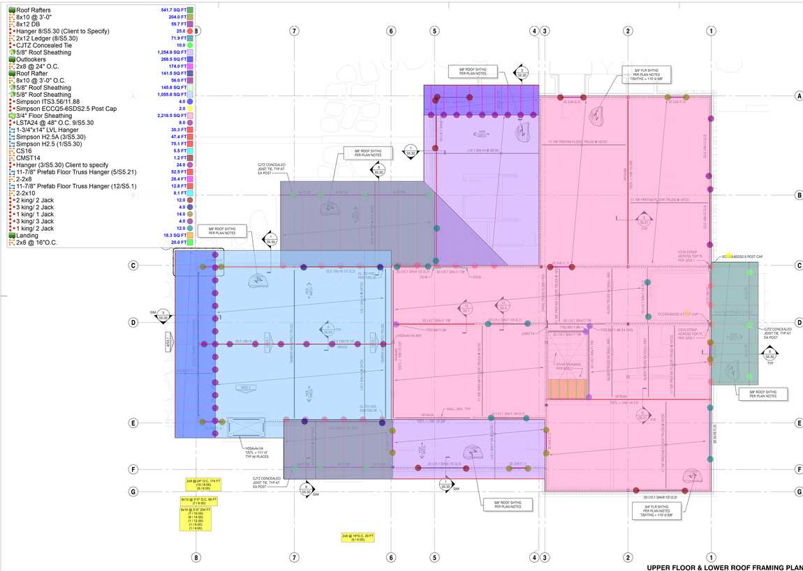 Marked-up upper floor and lower roof framing plan, sheet S2.2